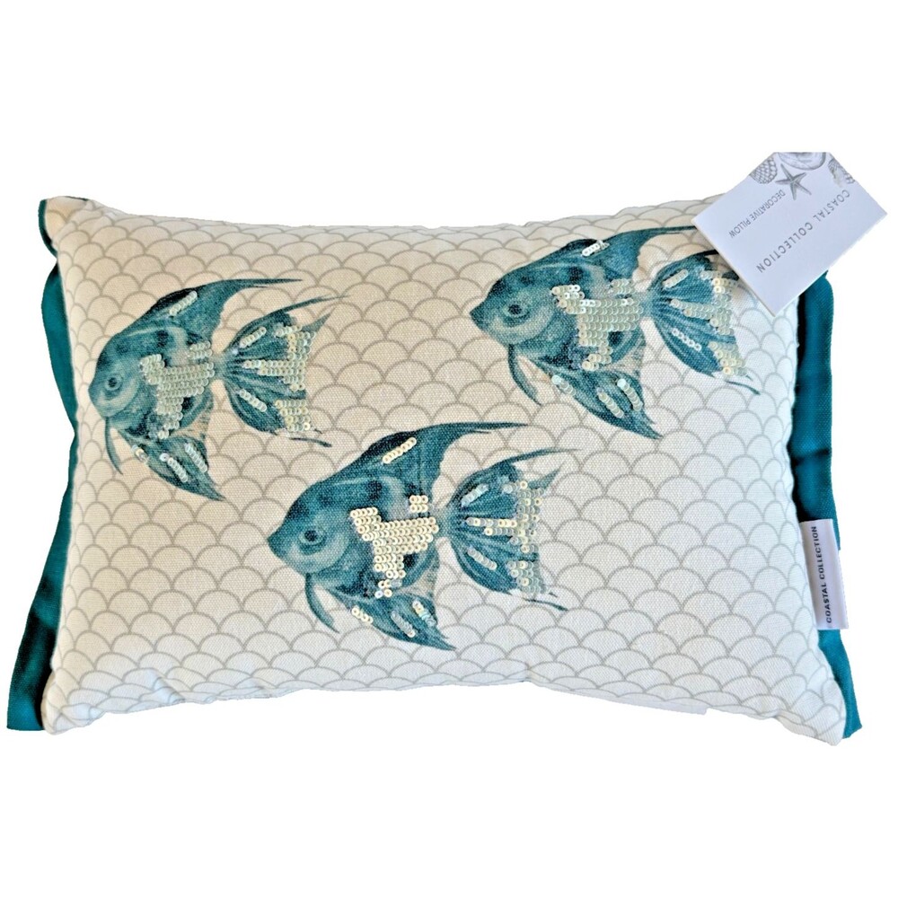 Coastal Collection Angel Fish Sequins Mermaid Print Throw Pillow Blue White